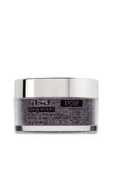 ibd Dip & Sculpt Powder in Aphrodite, a bold, glitter-packed charcoal shade for a dramatic sparkling nail design.