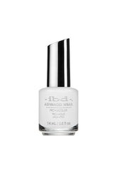 A 0.5 ounce transparent glass bottle containing ibd Advanced Wear French White nail polish