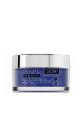 A 2 ounce clear glass container of ibd Dip & Sclupt Heart of the Ocean nail powder with metallic silver twist cap