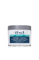 A clear 4-ounce container of ibd Flex Crystal Clear Powder featuring product label with name & information