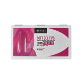 ibd Soft Gel Tips Long Stiletto in sleek white case, pre-etched soft gel tips for dramatic long stiletto nail styles.