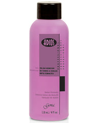 Front view of Adios Pink Nail Polish Remover with 4-ounce size bottle with printed label text
