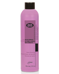 8-ounce bottle of Adios Pink Polish Remover with black lid cap and printed product label and information
