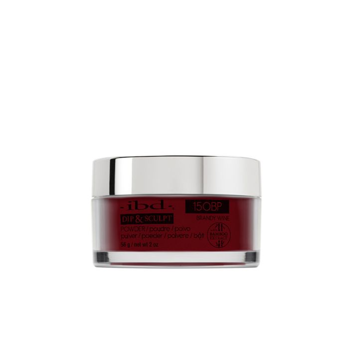 ibd Dip & Sculpt Powder in Brandy Wine, a ruby red glitter nail powder with dazzling sparkle and intense depth.