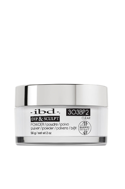 Frontage of 2-ounce ibd Dip and Sculpt Powder clear for nails container with silver-gray lid