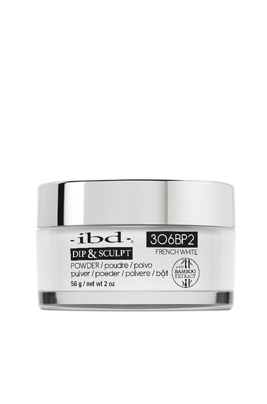 A 2-ounce clear glass container of ibd Dip & Sculpt French White nail powder with metallic silver twist cap