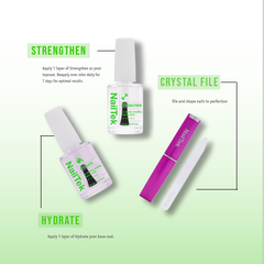 NailTek Strengthen and Hydrate treatments with crystal file and usage guide for best nail results.