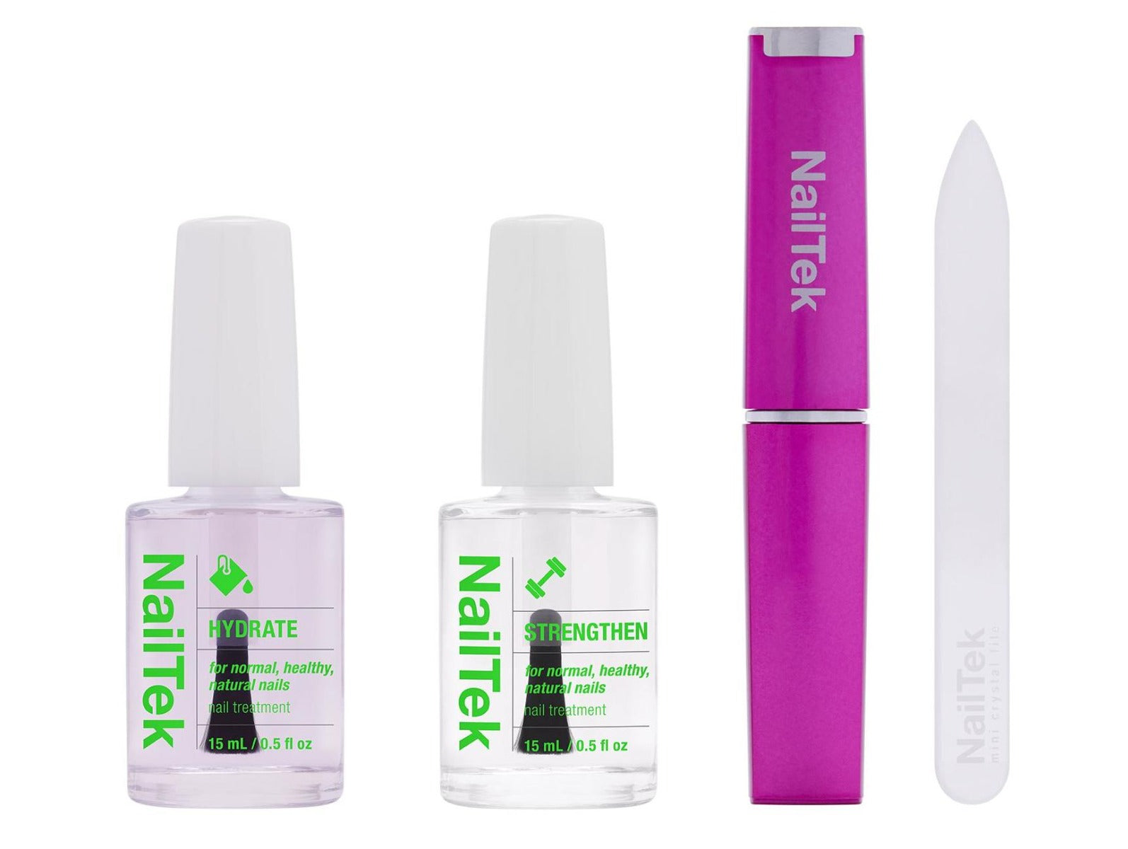 NailTek Hydrate, Strengthen, pink crystal file case, and mini file set for strong, natural nails.