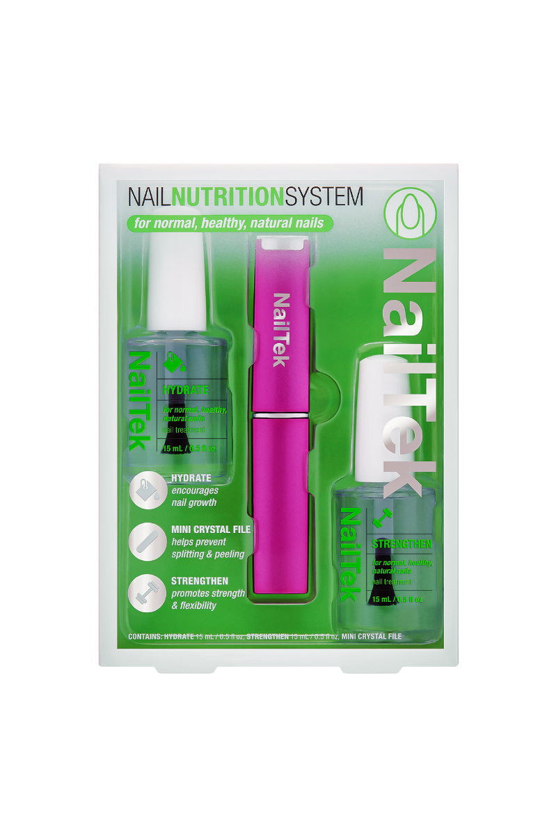 NailTek Nail Nutrition System kit with Hydrate, Strengthen, and crystal file for healthy, natural nails.