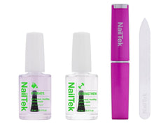 NailTek Hydrate, Strengthen, pink crystal file case, and mini file set for strong, natural nails.