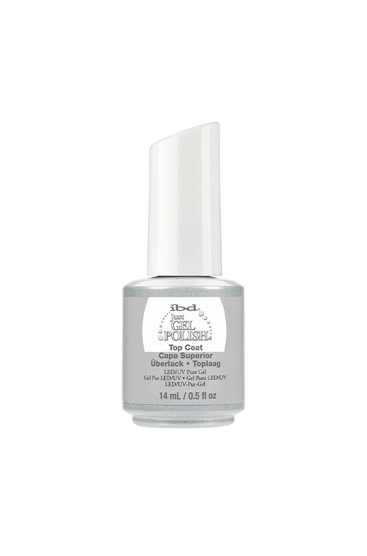 Frontal view of ibd Just Gel Polish Top Coat with 14 ml bottle flask with printed label text and product details