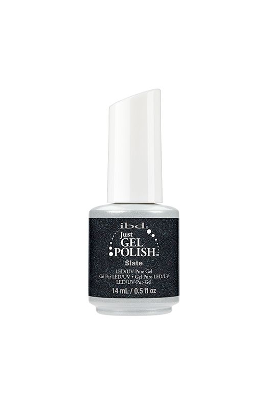 IBD Just Gel Polish Slate bottle in a deep black base with shimmering glitter, offering a dramatic effect.