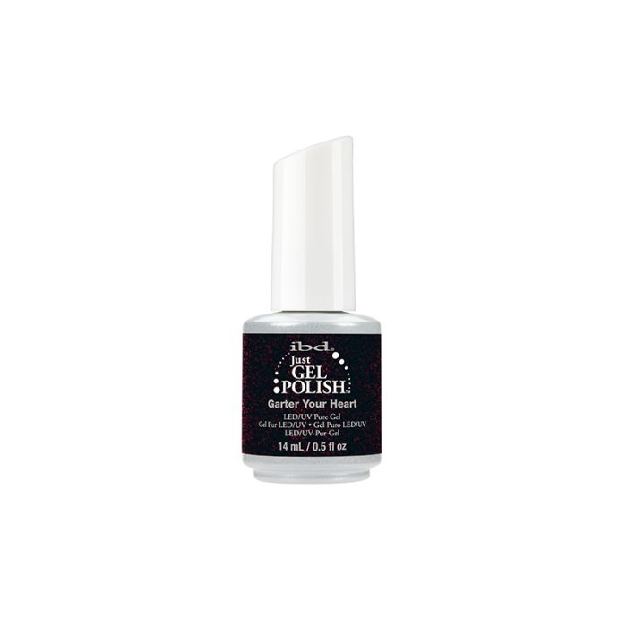 IBD Just Gel Polish Garter Your Heart – deep black gel polish with red shimmer flecks for a bold, edgy manicure.