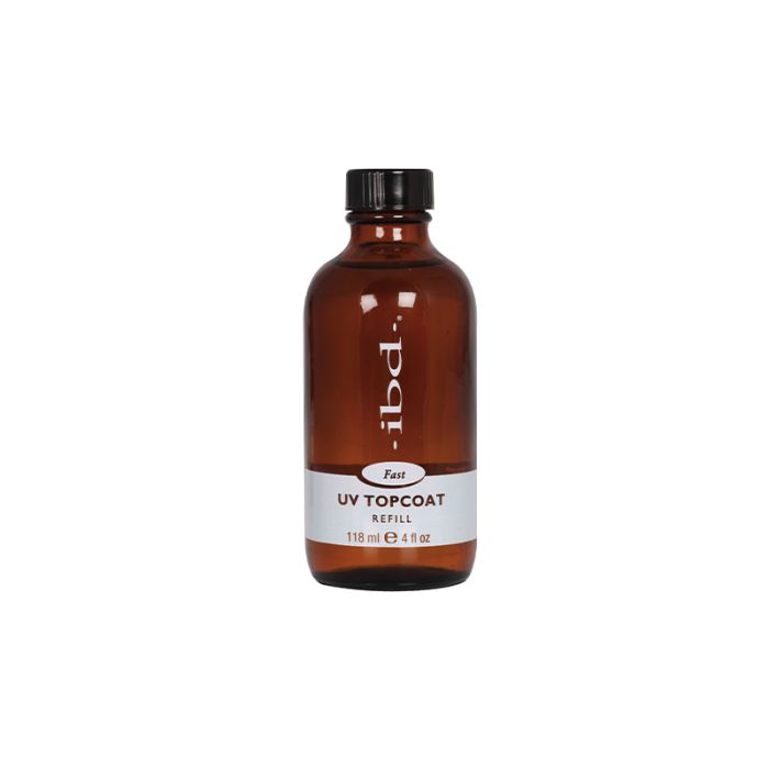 IBD Fast UV Topcoat Refill in a 118mL amber bottle, perfect for high-gloss finishes and long-lasting gel protection.