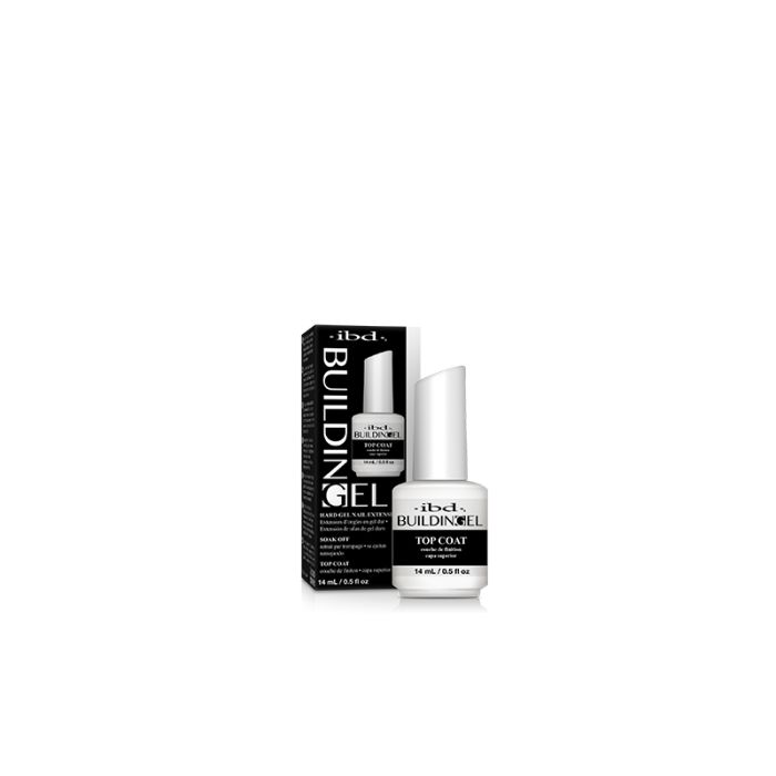 IBD Building Gel Top Coat with product box, seals enhancements with a high-shine finish and added durability.