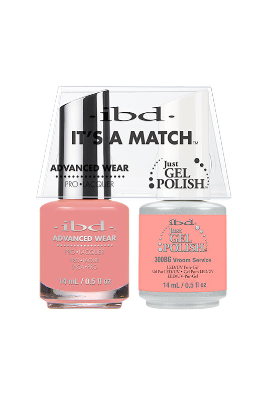 IBD It's A Match gel and lacquer duo in Vroom Service, a muted coral pink with soft peach undertones.