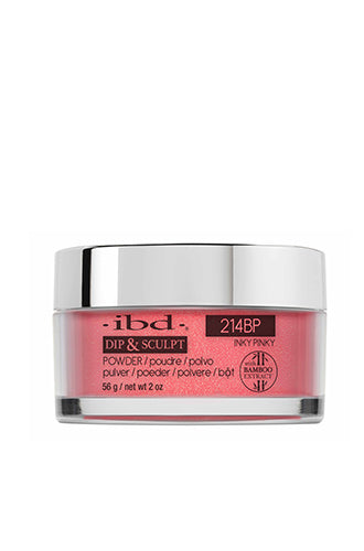A 2-ounce glass tub of ibd Dip & Sculpt with Inky Pinky color variant of a nail powder dip