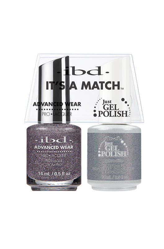 IBD It's A Match gel and lacquer duo in Aphrodite, a multidimensional silver-lavender glitter packed with celestial shimmer.