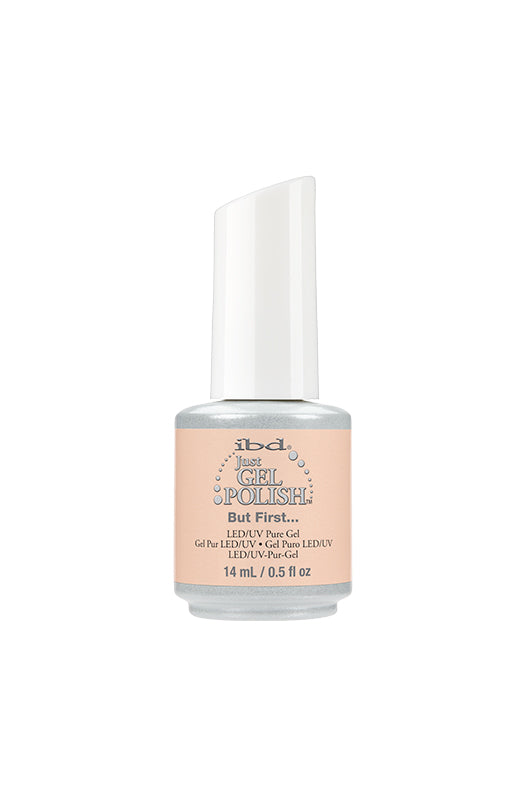 Capped bottle of ibd Just Gel Polish But First with two tone color combination on its 14ml pack