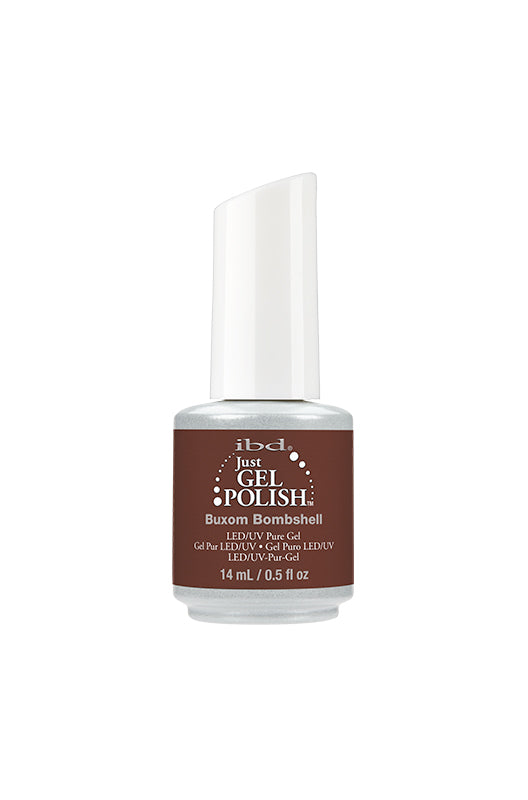 Front view of ibd Just Gel Polish Buxom Bombshell variant of nail gel with label text in a 14 ml  bottle