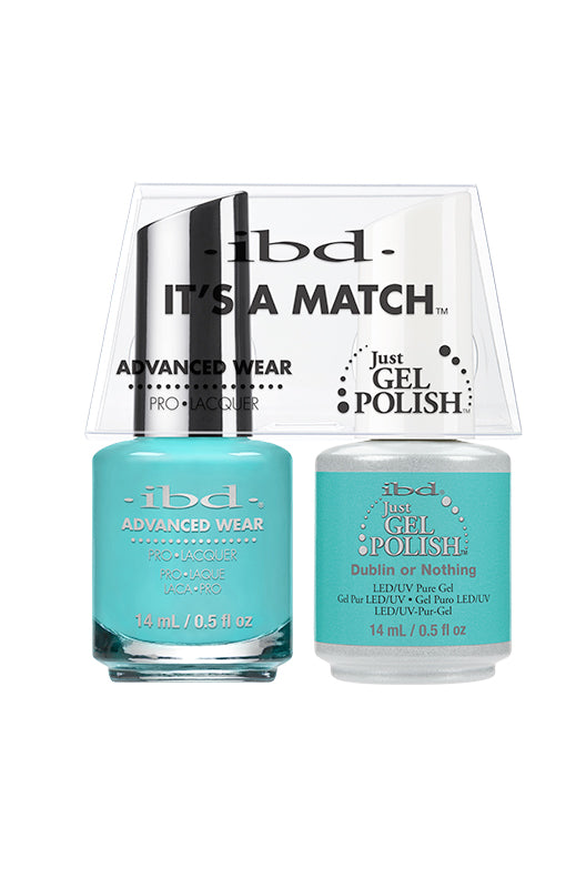 Frontage of ibd Advanced Wear Color  with Dublin or Nothing Just Gel Polish in 14 ml bottle with printed text