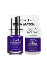 Front view of  ibd Advanced Wear Color Duo with Just Gel Polish Passport to Purple in both 0.5-ounce bottle with label text