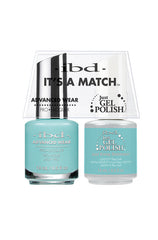 Front view of  ibd Advanced Wear Color with Just Keep Swimmin' Just Gel Polish in both 0.5-ounce bottle with label text