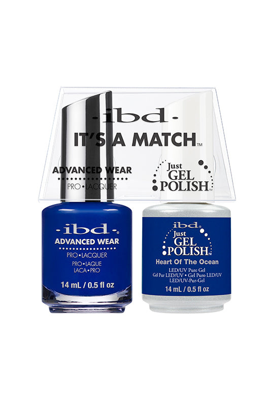 Front-view of a 0.5-ounce of ibd Advanced Wear Color Duo in Heart of the Ocean with product label and information