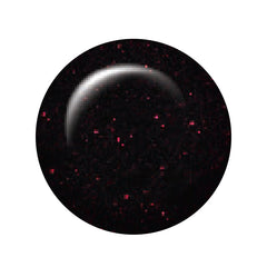 Circular color sample of ibd nail care product showing its Black hue with Red Glitter