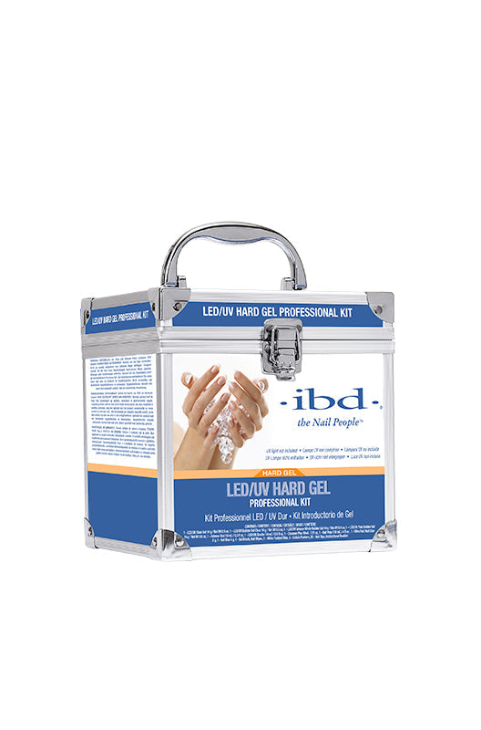 Angled front view of ibd Professional LED/UV Kit metallic tool box carrying case with various product labels