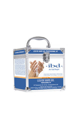 Angled front view of ibd Professional LED/UV Kit metallic tool box carrying case with various product labels