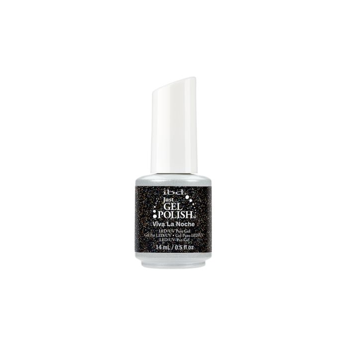 IBD Just Gel Polish Viva La Noche, a black glitter gel polish with rainbow sparkle for a glam night-out look.