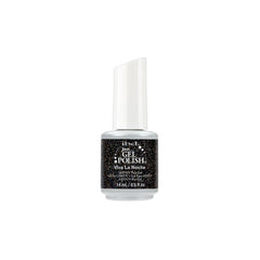 IBD Just Gel Polish Viva La Noche, a black glitter gel polish with rainbow sparkle for a glam night-out look.