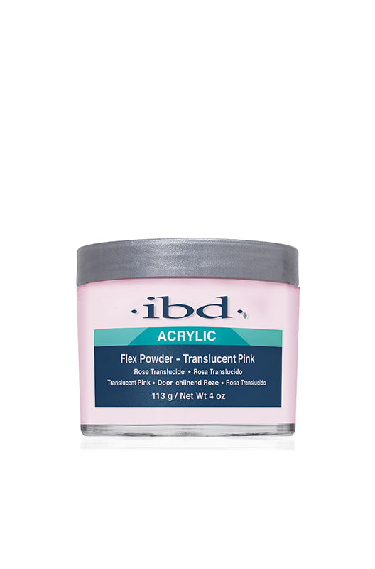 A 4-ounce container tub of ibd Flex Translucent Pink Powder with a label stating product name & details