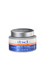 Front view of a capped 2-ounce plastic tub of ibd UV Pure White Builder Gel 