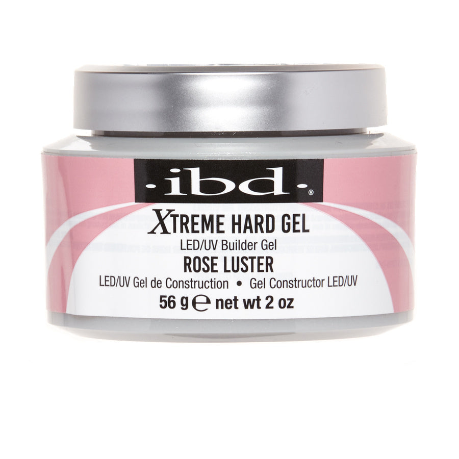 A jar of IBD Xtreme Hard Gel LED/UV Builder Gel in the shade Rose Luster, featuring a pink and white label with a silver lid on a white background.