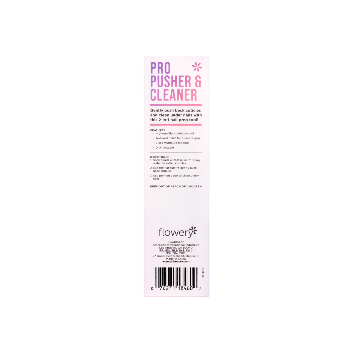 Back details of Pro Pusher & Cleaner packaging with text features and directions 