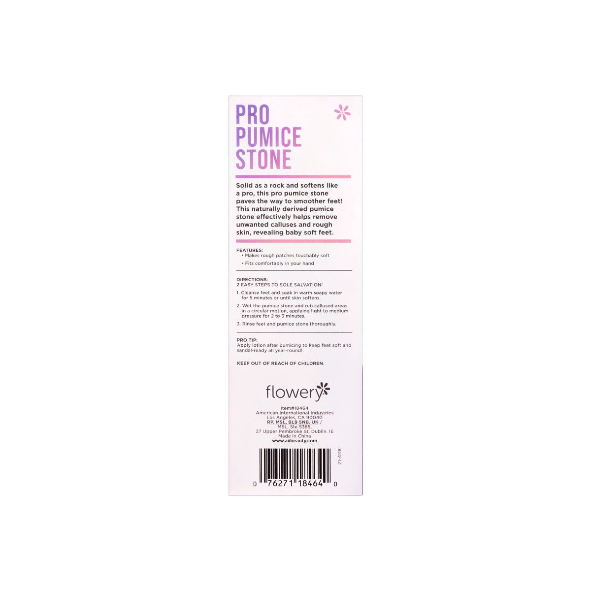 Back view of Pro Pumice Stone with Features and Directions 
