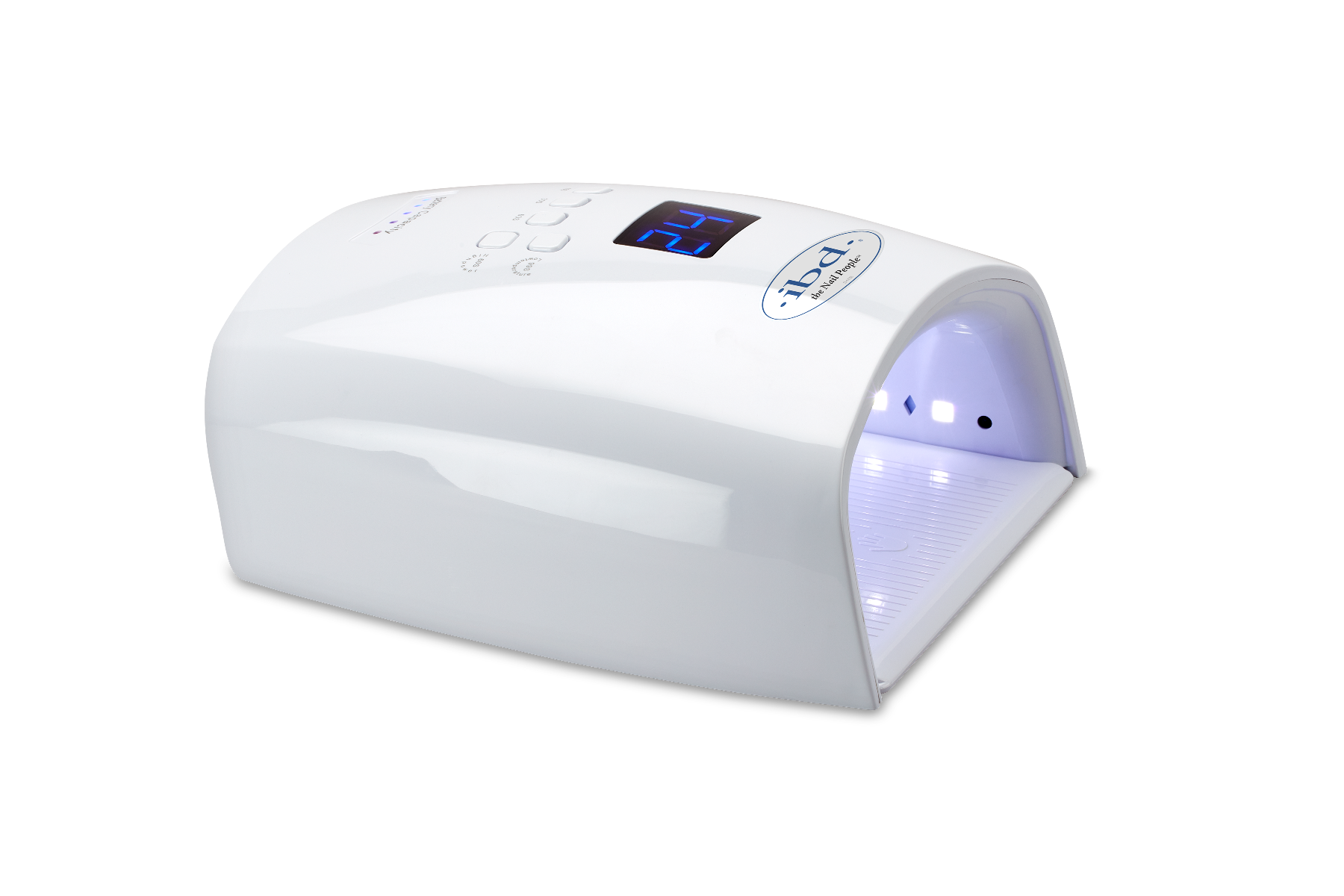 Angled side view of a running ibd PRO Cordless LED/UV Lamp showing its hand receptacle opening 