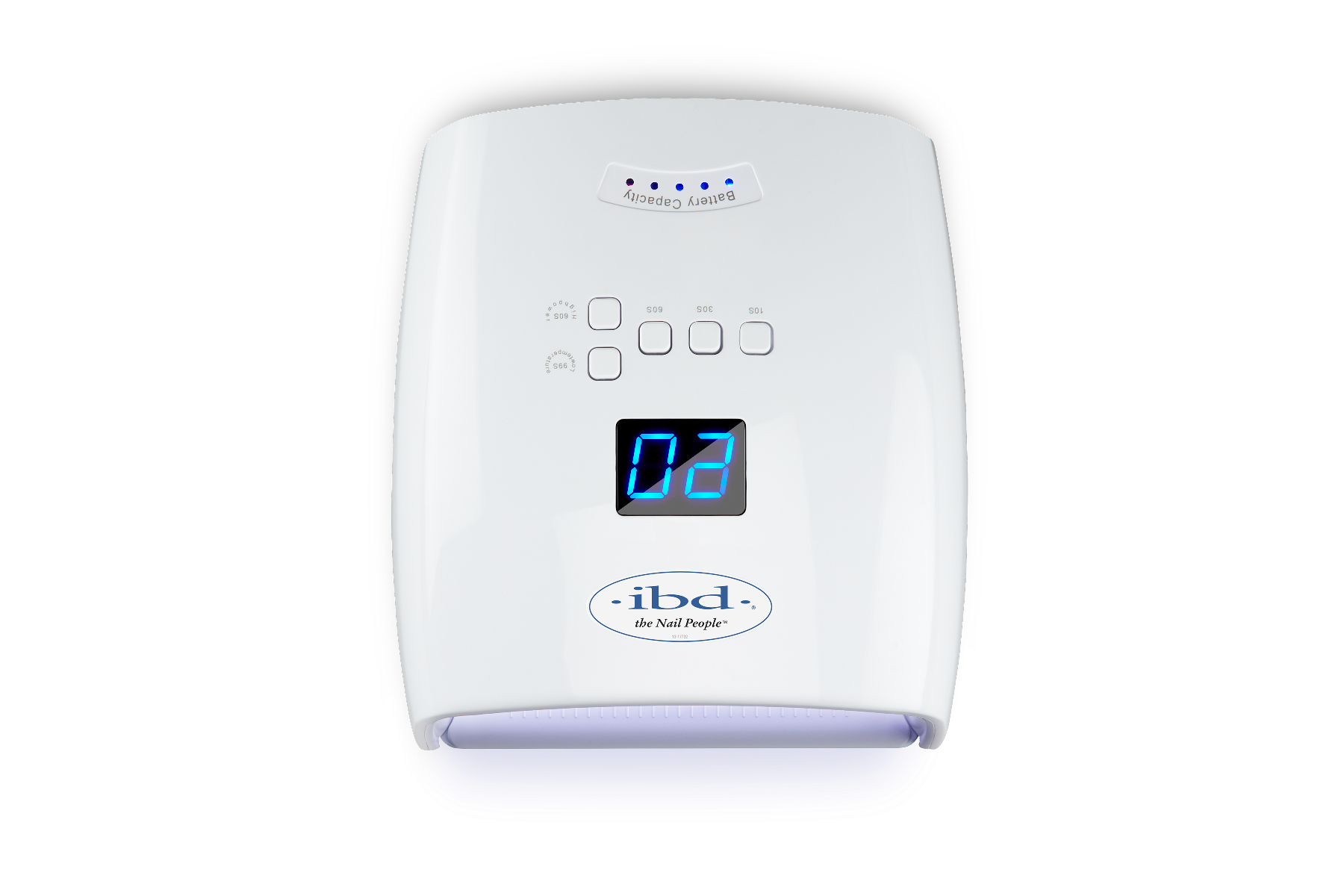 Top view of ibd PRO Cordless LED/UV Lamp featuring its stamped ibd branding, operation buttons, & LCD timer screen