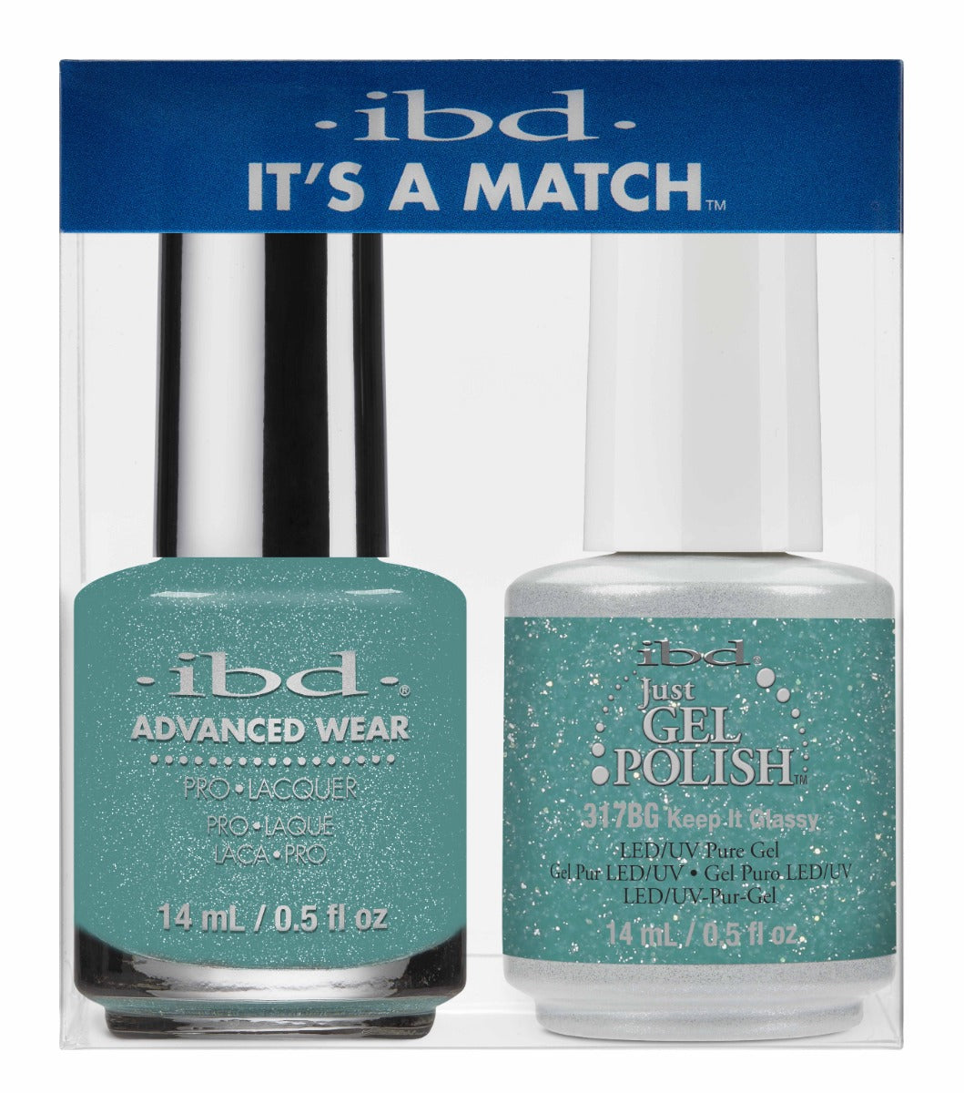Front view of IBD Just Gel Polish and Advanced Wear bottles in shade Keep It Glassy