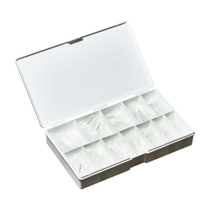 ibd Soft Gel Tips Medium Stiletto case opened to reveal 12 compartments filled with pre-etched clear stiletto tips.