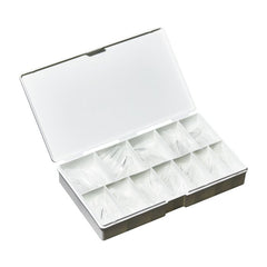 ibd Soft Gel Tips Medium Stiletto case opened to reveal 12 compartments filled with pre-etched clear stiletto tips.