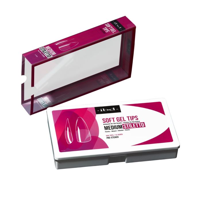 ibd Soft Gel Tips Medium Stiletto kit with outer packaging, includes pre-etched tips for bold, medium stiletto nails.