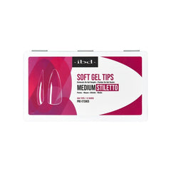 ibd Soft Gel Tips Medium Stiletto in sleek white case, pre-etched nail tips for sharp, elongated stiletto nails.