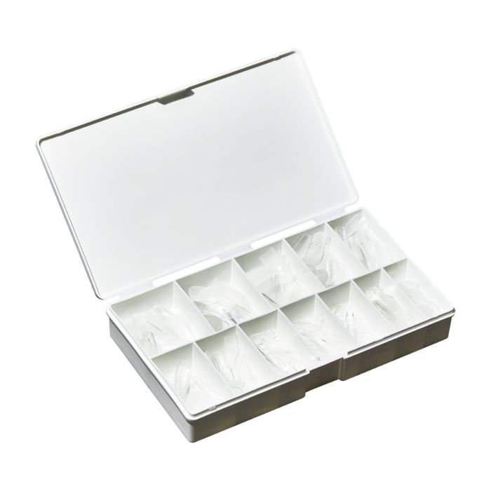 ibd Soft Gel Tips Medium Coffin case opened to reveal organized pre-etched clear soft gel tips in 12 compartments.