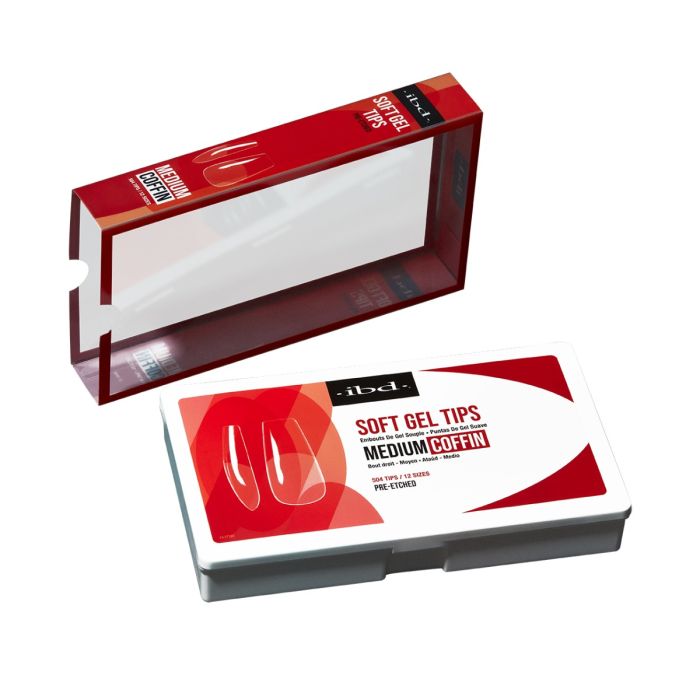 ibd Soft Gel Tips Medium Coffin kit with outer packaging box, ideal for creating trendy coffin nail extensions.