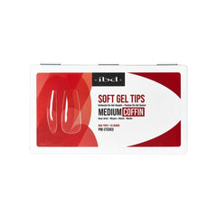 ibd Soft Gel Tips Medium Coffin nail kit with clear case cover, includes 504 tips in 12 pre-etched coffin sizes.