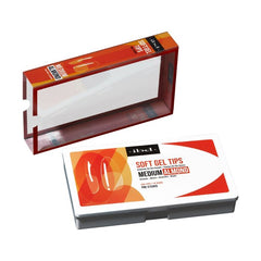 ibd Soft Gel Tips Medium Almond nail kit with outer box packaging and 504 pre-etched soft gel nail tips.