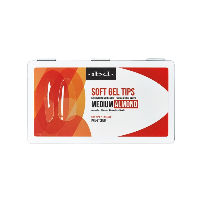 ibd Soft Gel Tips Medium Almond in white case, pre-etched soft gel nail tips for long-lasting salon nail extensions.